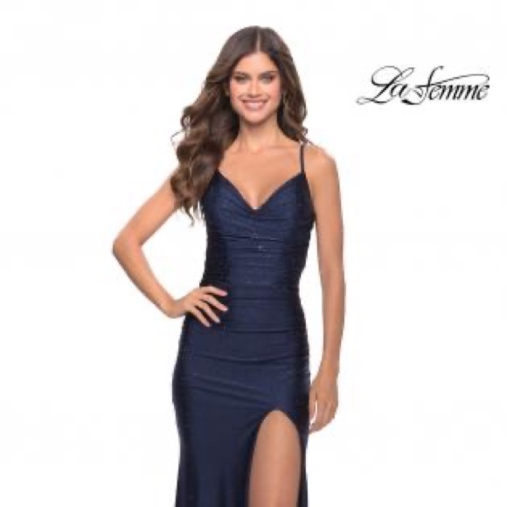 Beautiful Beaded LaFemme Evening/Prom Dress with Slit in Navy Blue